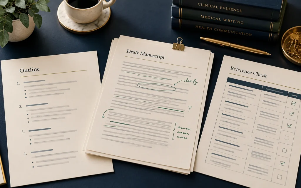 An outline, annotated draft manuscript, and reference-checking sheet arranged on a navy desk.