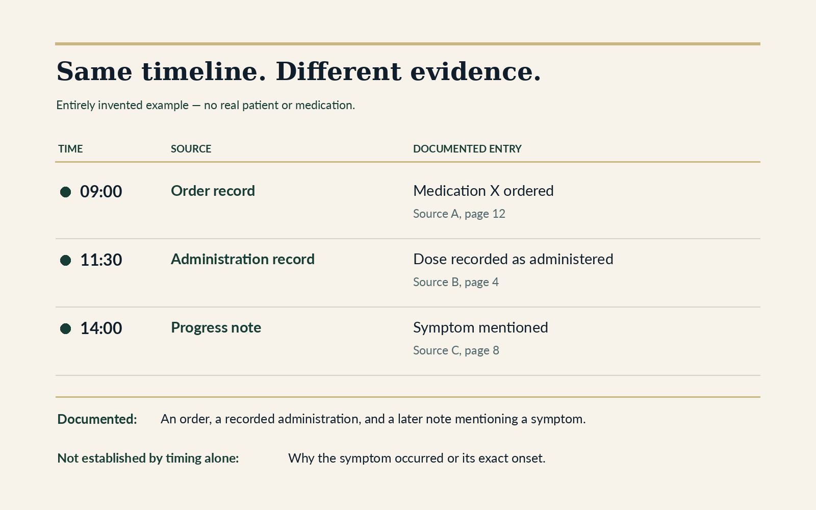 Invented timeline showing a 09:00 order, 11:30 recorded administration, and 14:00 symptom note as separate documented events