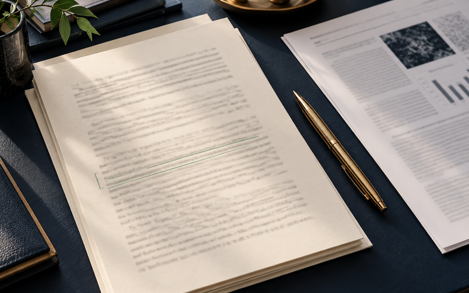 A manuscript and supporting research document on a navy desk, with a passage marked in green for clinical review.